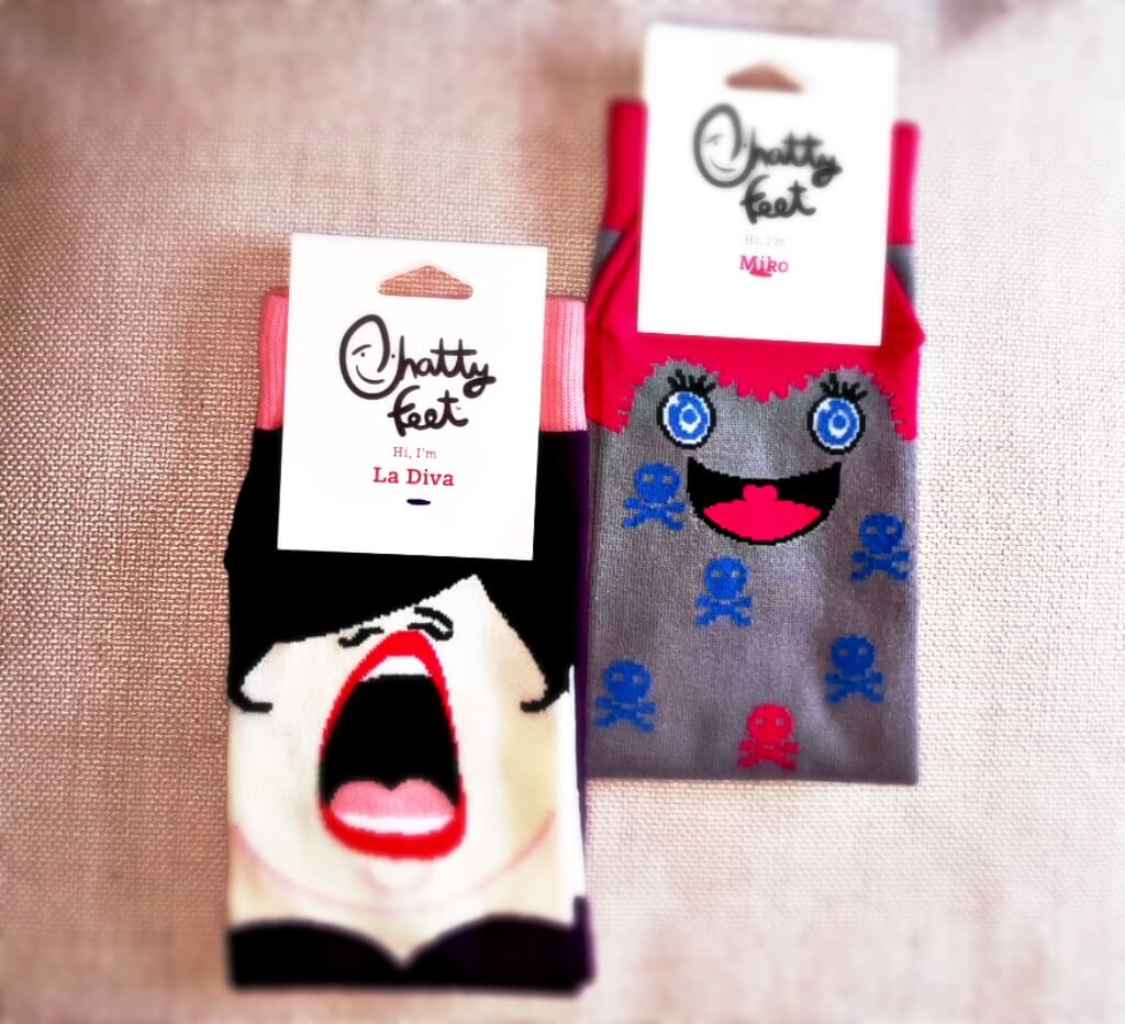 making socks fun with chatty feet pictures of 2 different designs of sock styles la diva and milo