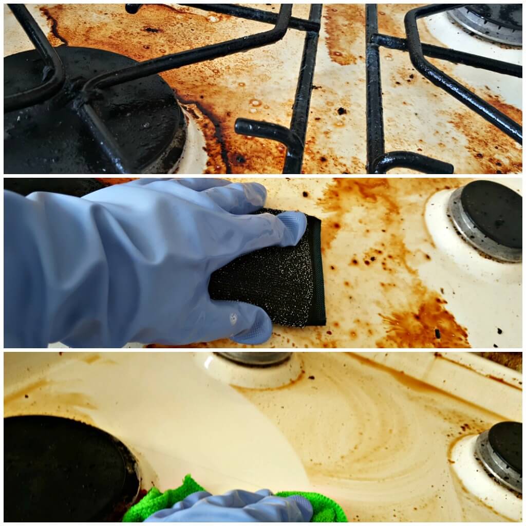 a before, during and after collage of cleaning a dirty cooker using marigold rubber gloves and scourer.