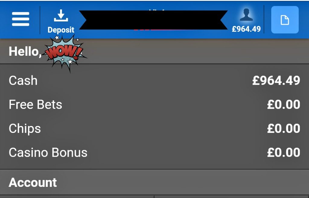screenshot of an online account showing a matched betting big win over £900