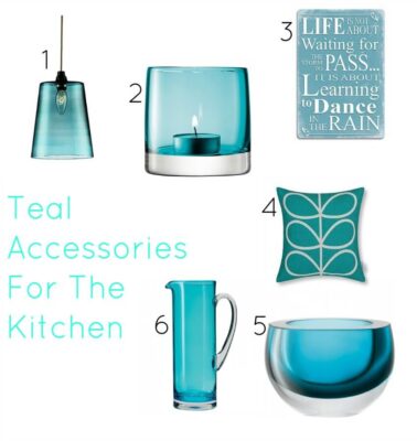 a teal kitchen wishlist accesries including light shade and vases