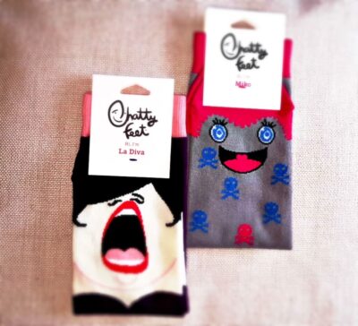 making socks fun with chatty feet pictures of 2 different designs of sock styles la diva and milo