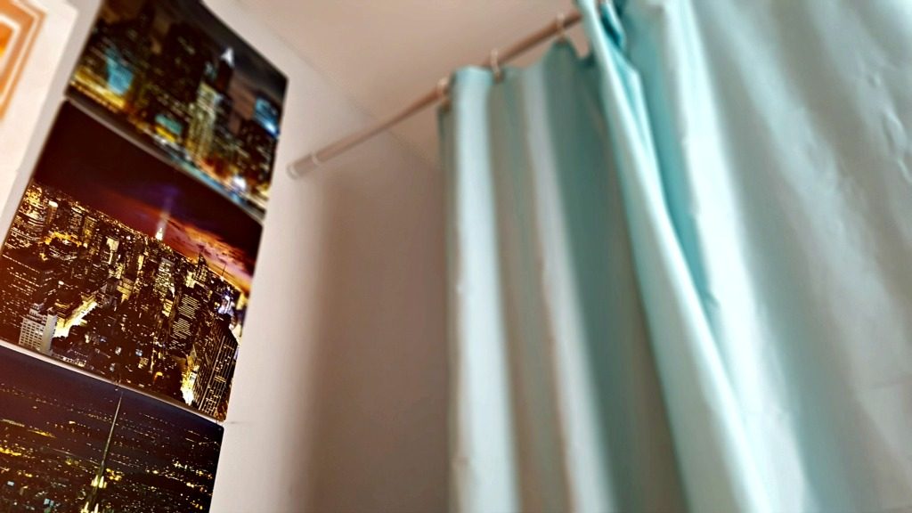 shower curtain and pictures on a wall
