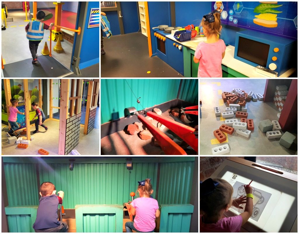 collage of children in bob the builder theme zone at mattel play! liverpool