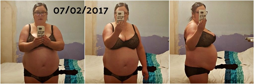 picture of overweight woman in underwear standing at different angles in front of a bed