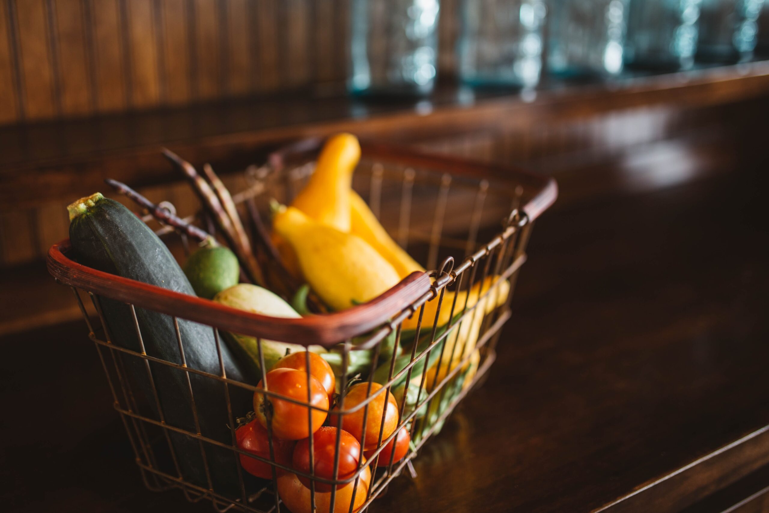 wire basket with vegetables in