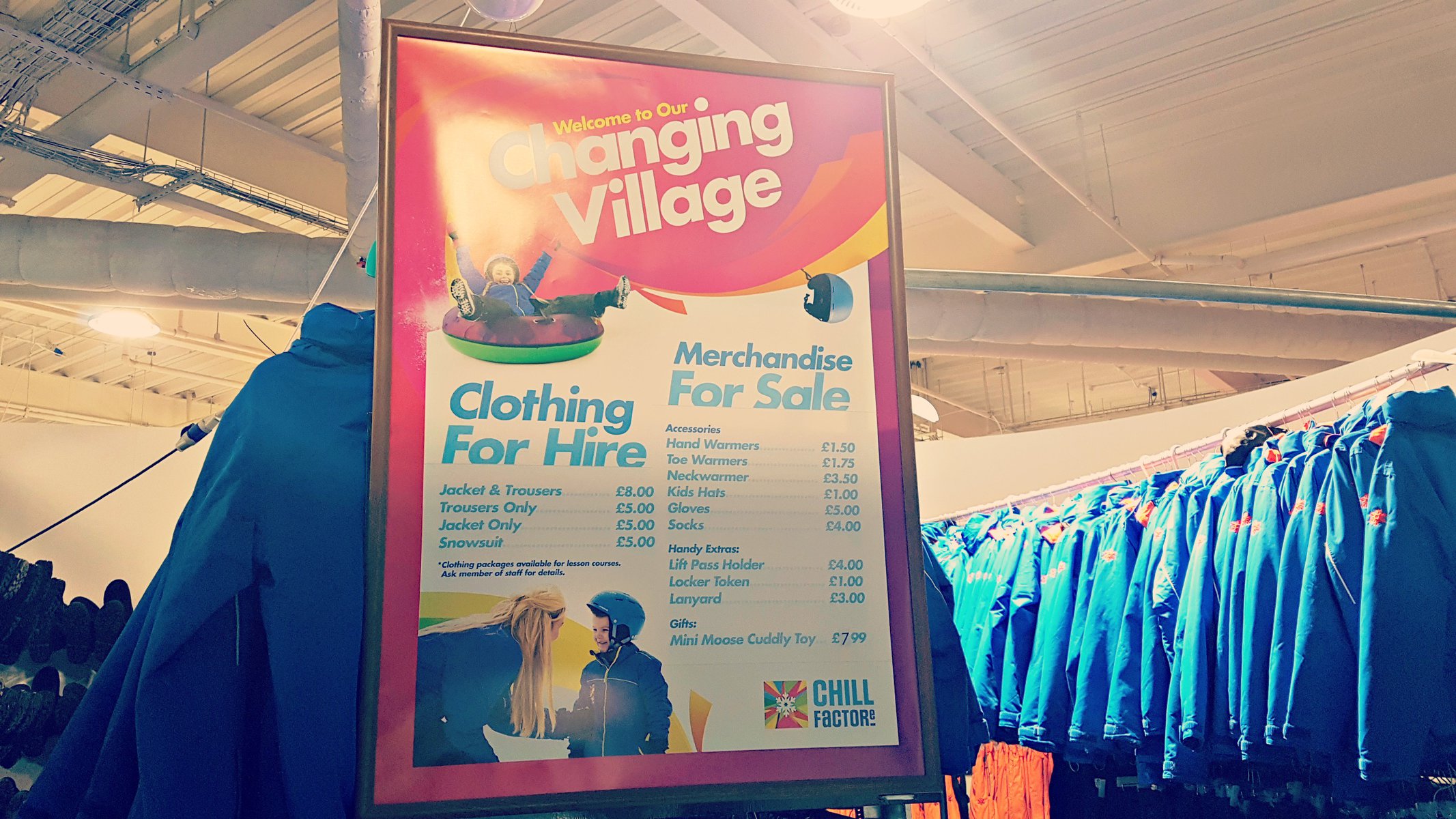 image of a price list in the changing village in chill factore in manchester