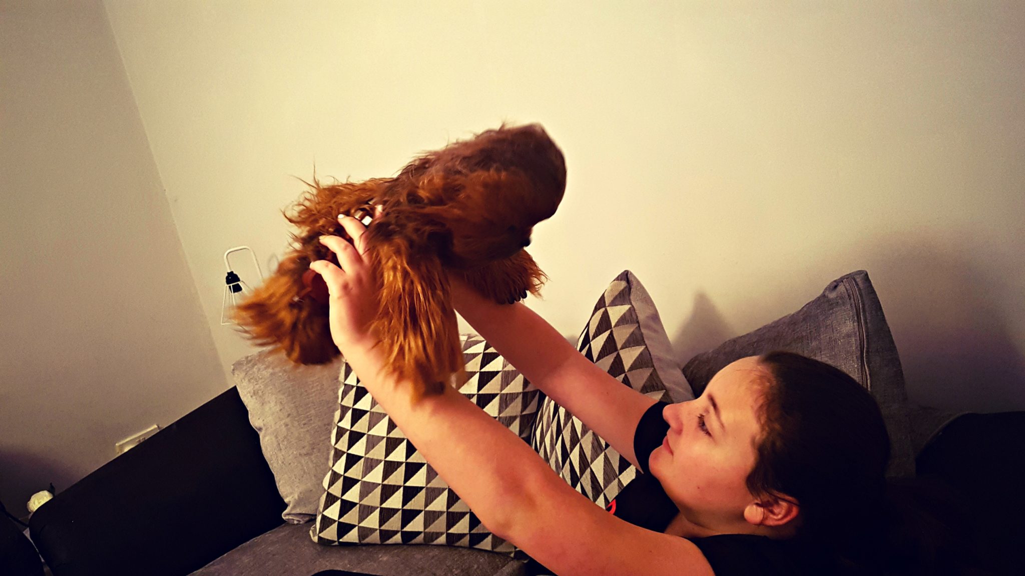 girl lifting co-pilot chewie into the air
