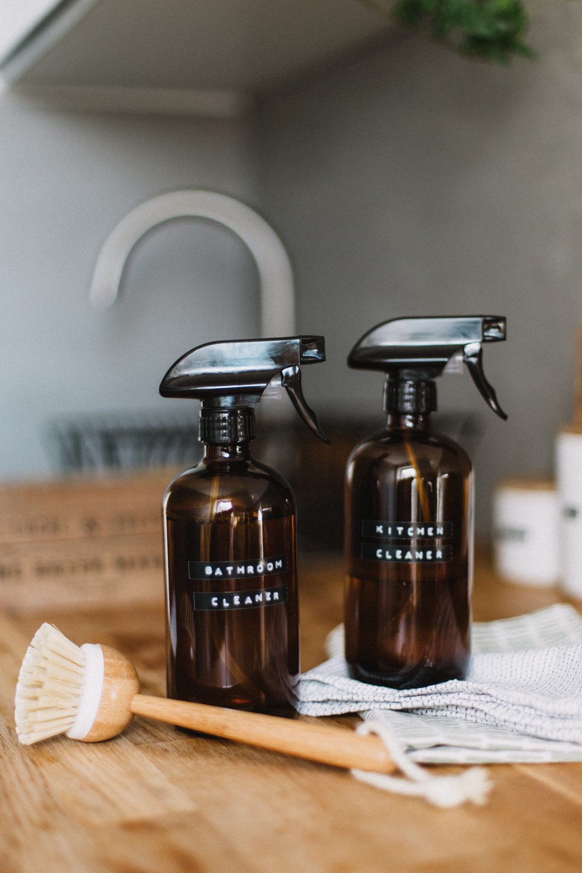bottles of cleaning solution in a kitchen
