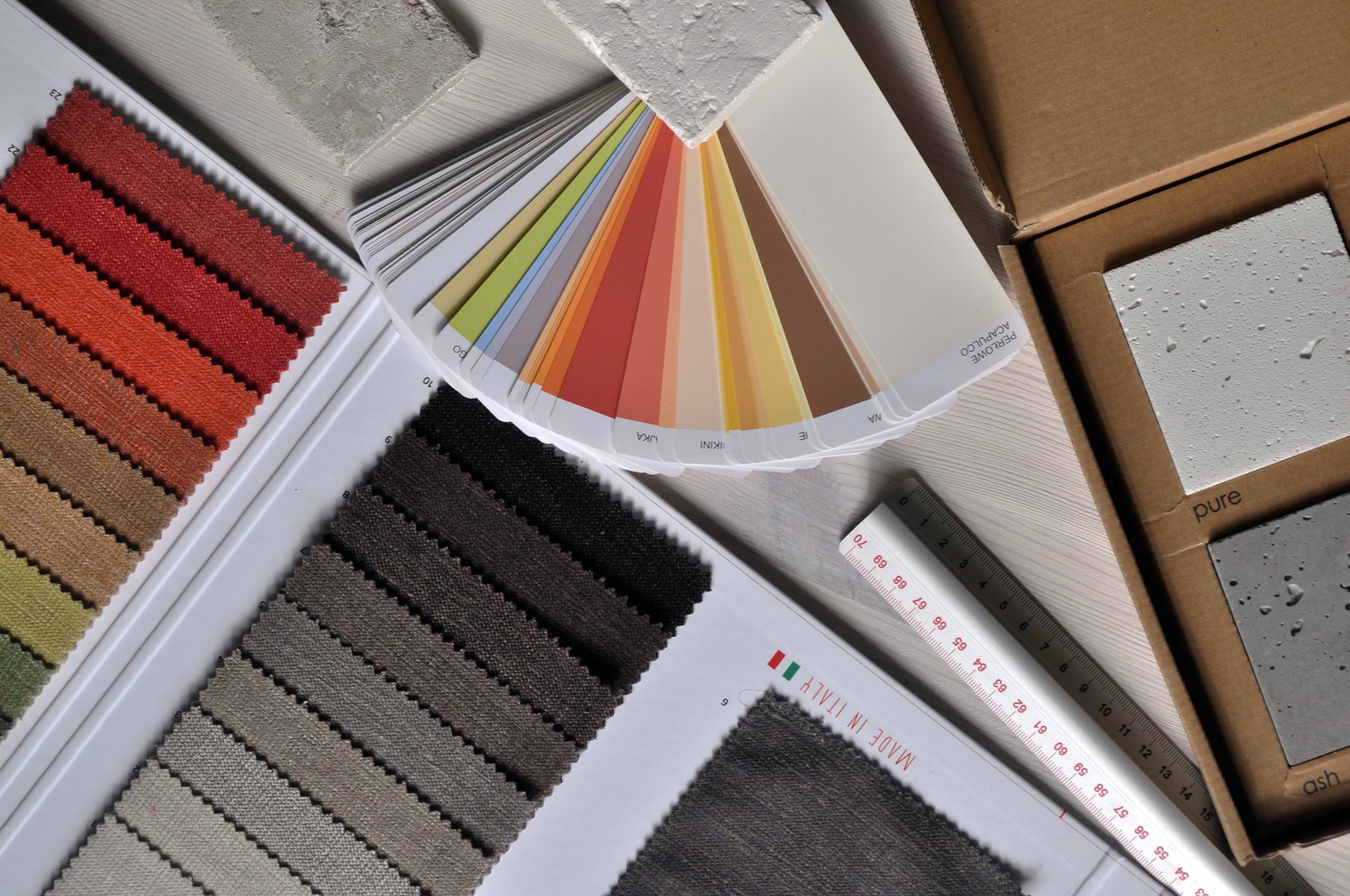 material swatches and colour charts for decorating