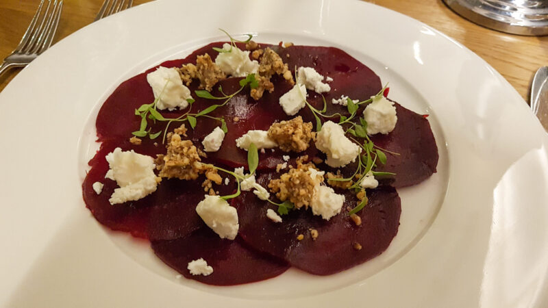 goat's cheese and beetroot salad from marco pierre whites liverpool wheelers restaurant