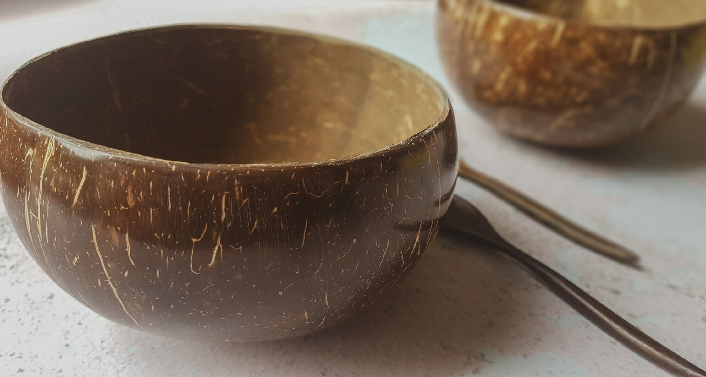 two coconut bowls on a flatlay with matching spoons