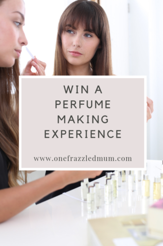 a pinterest stylre image of women in the background and a coloured text box in the middle saying win a perfume making experience