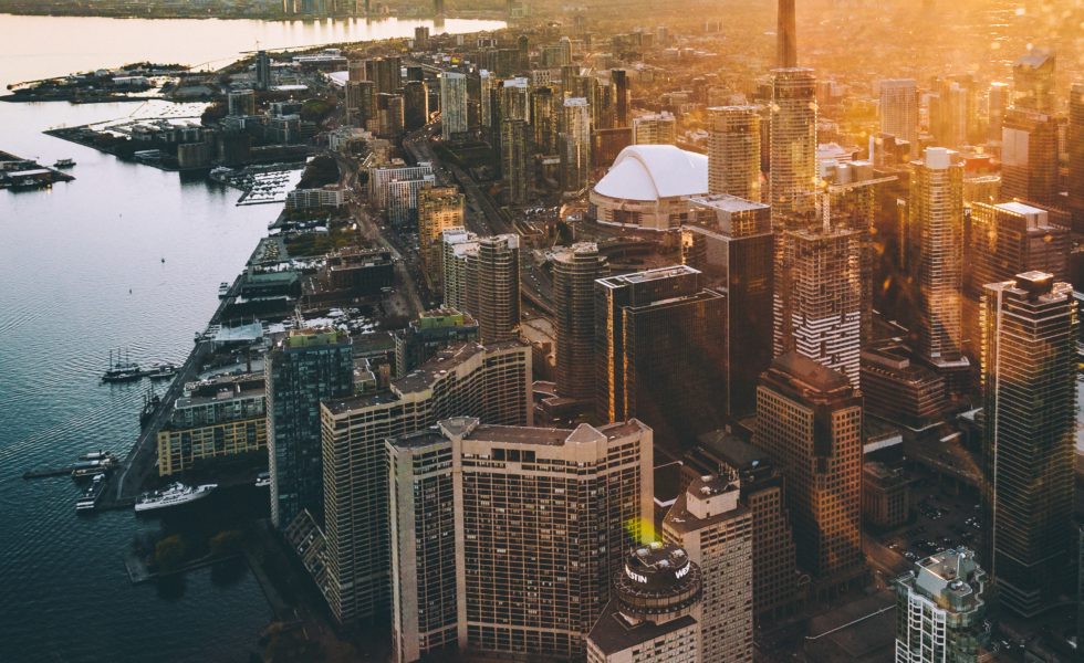ariel view of toronto in sunset