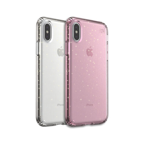 two phones cases for iphones in clear and pink glitter