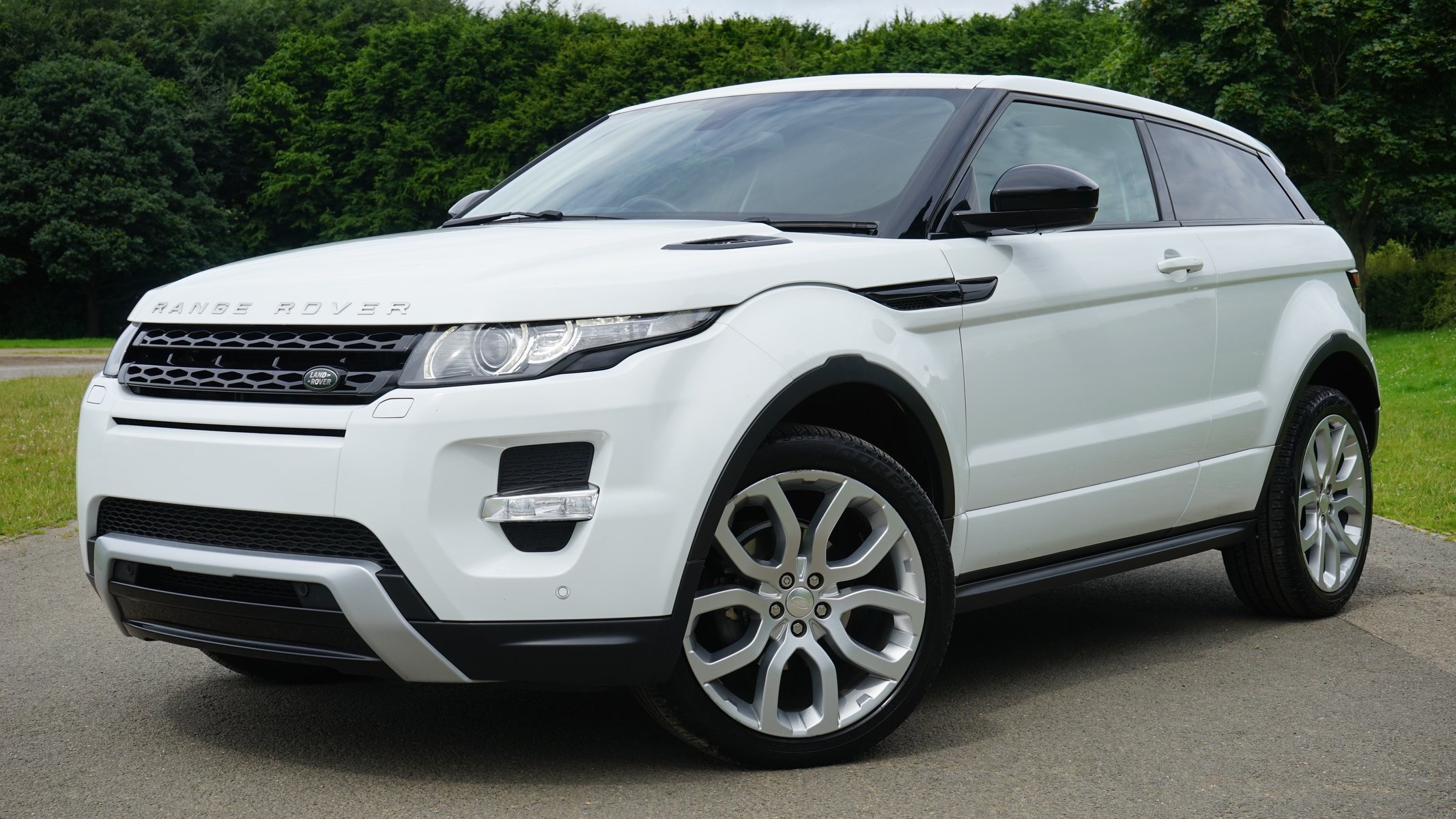 front angled view of a white range rover
