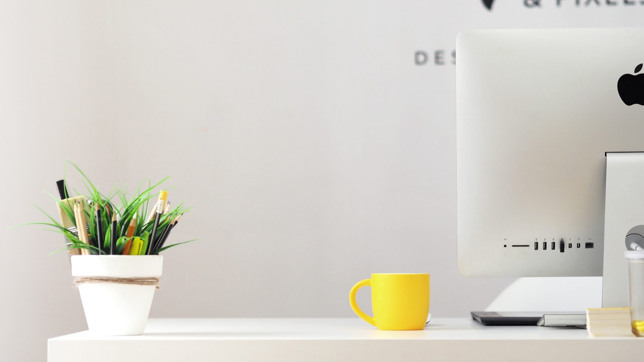 front shot of a mac on a desk with a small potted plant