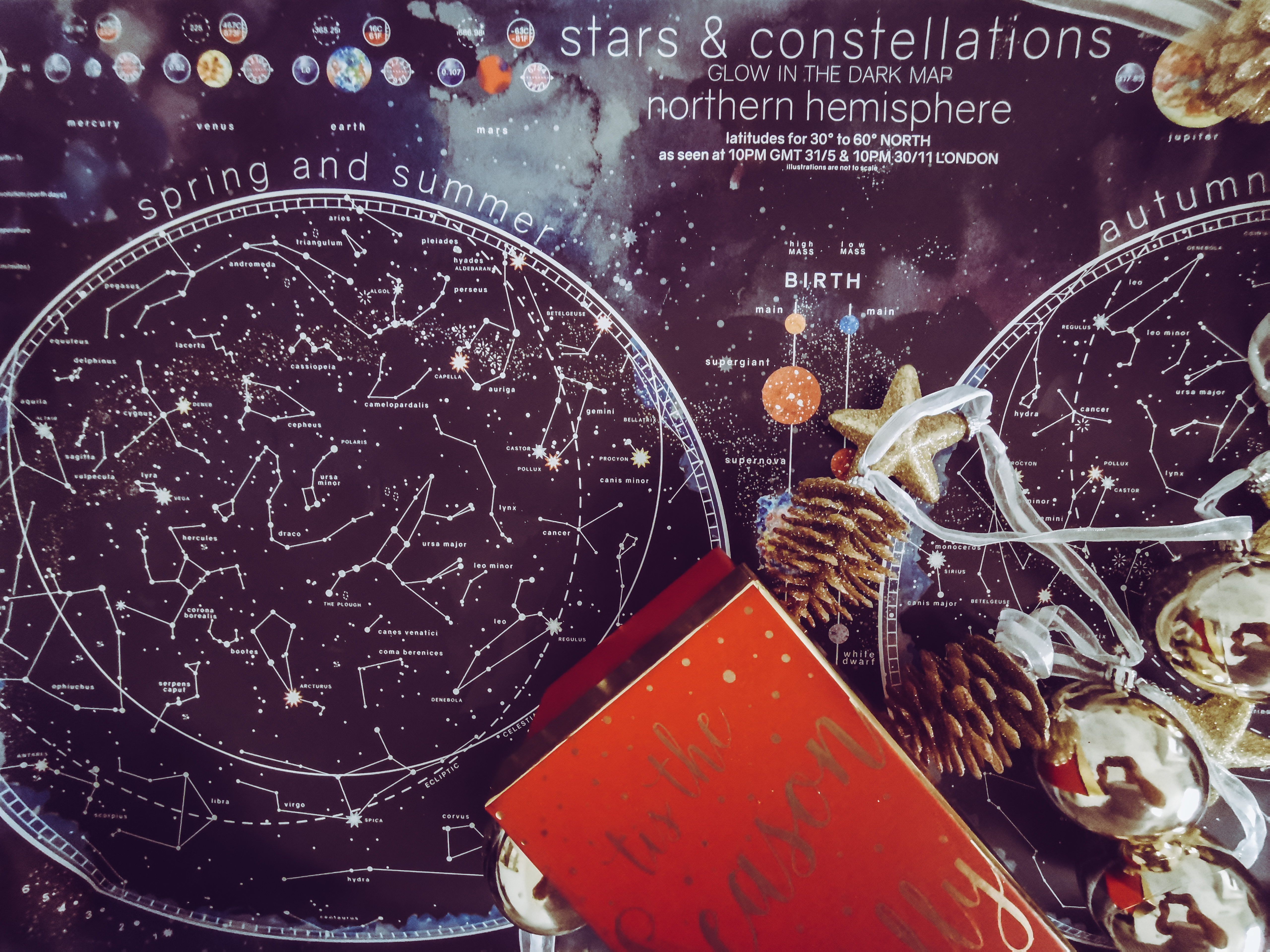 stars and constellation map with xmas decorations on it