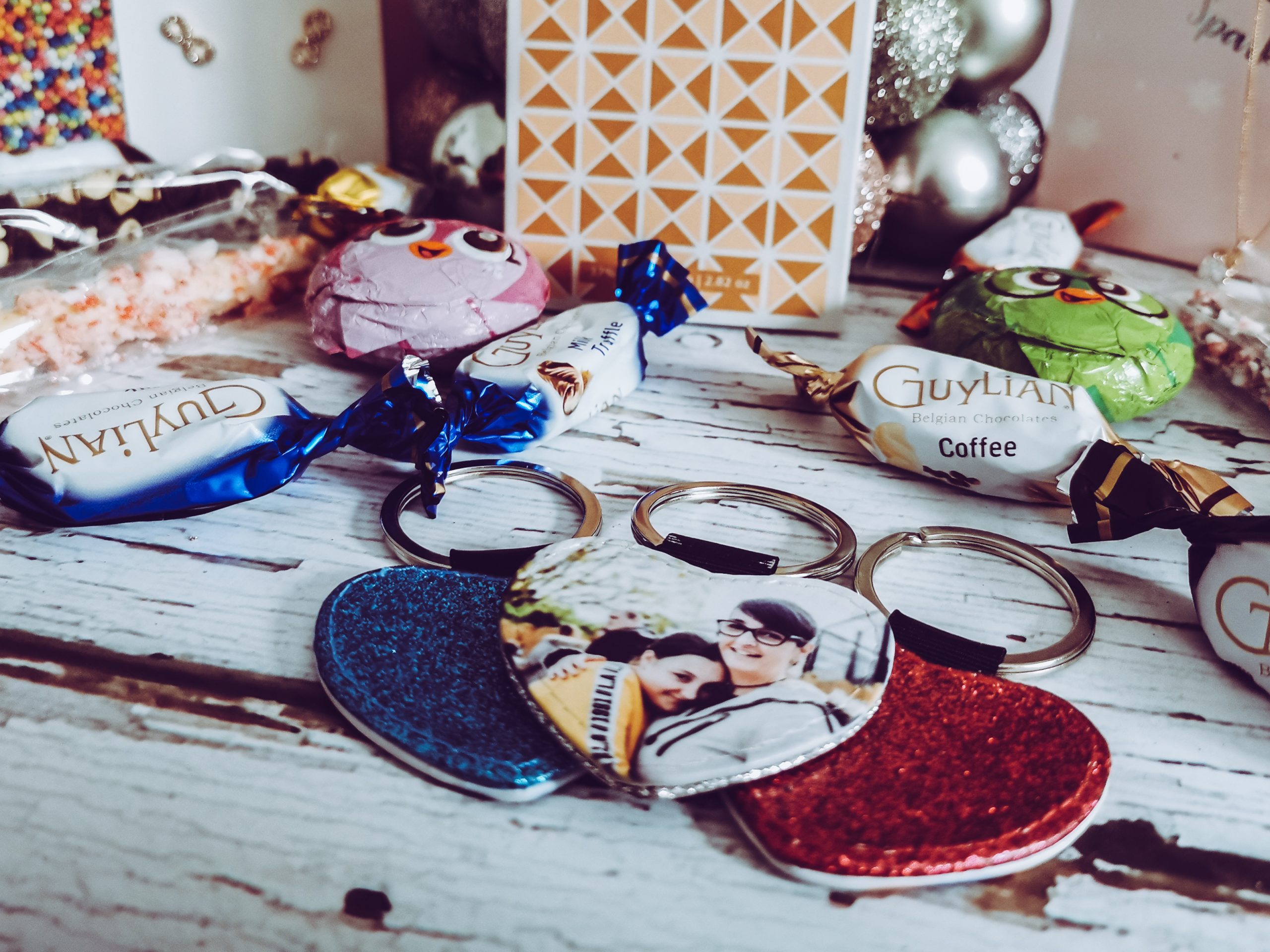 flatlay of keyrings with chocolates