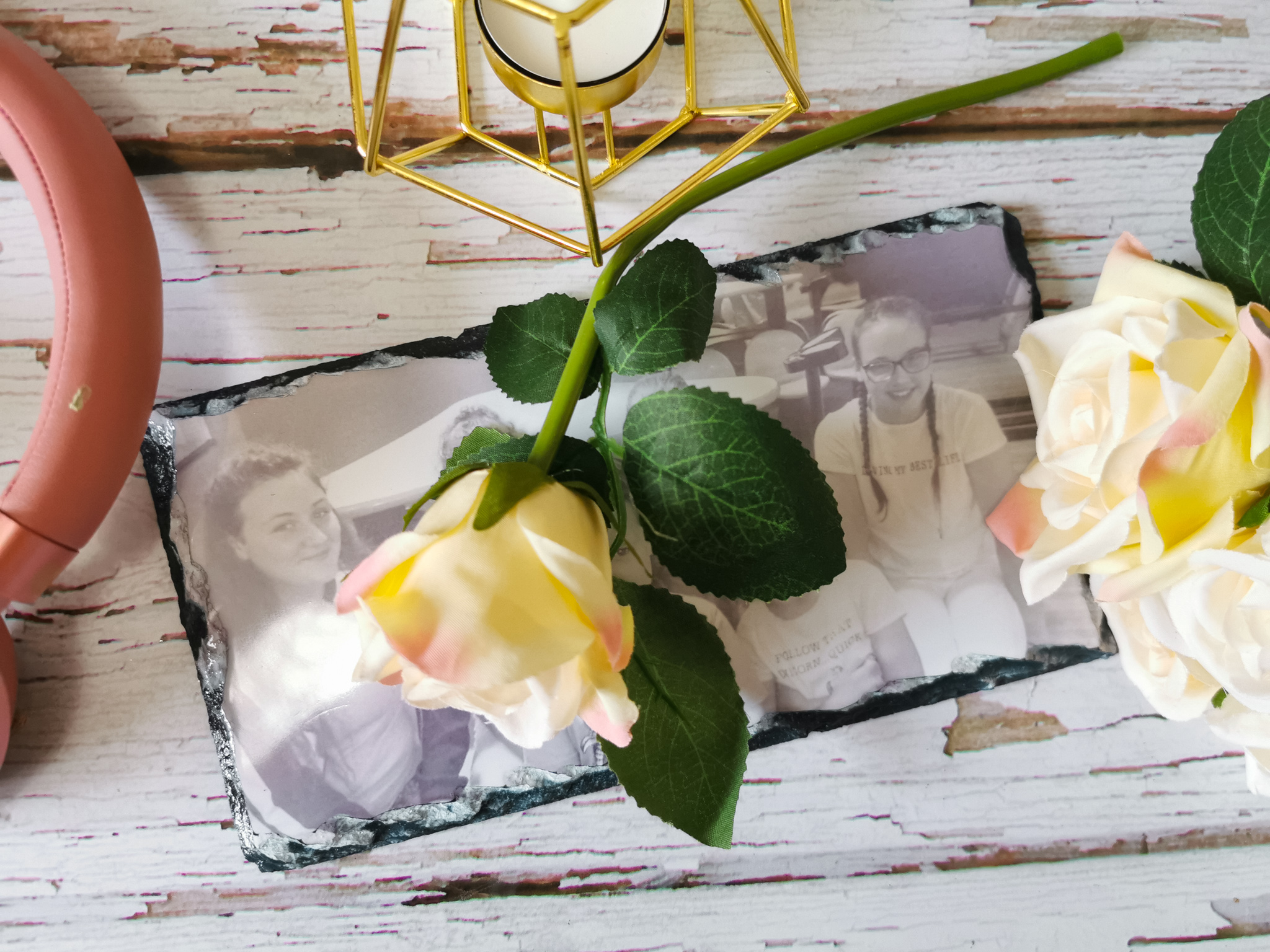 black and white photo slate with decorative flowers