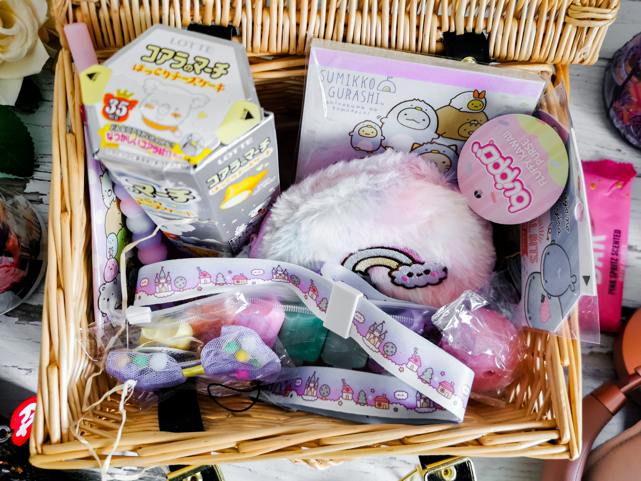 kawaii box items in a hamper
