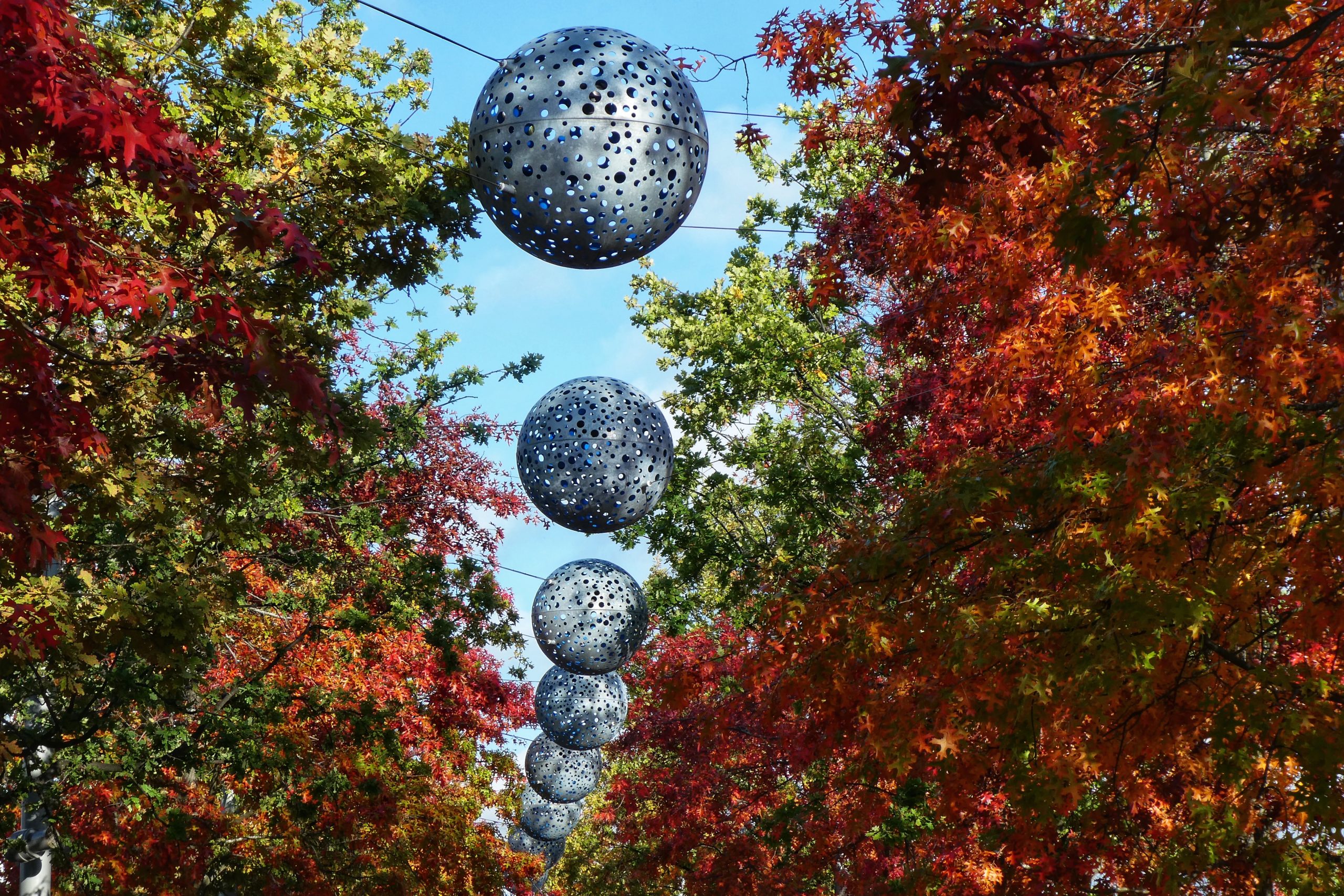 giant metal balls hanging above trees