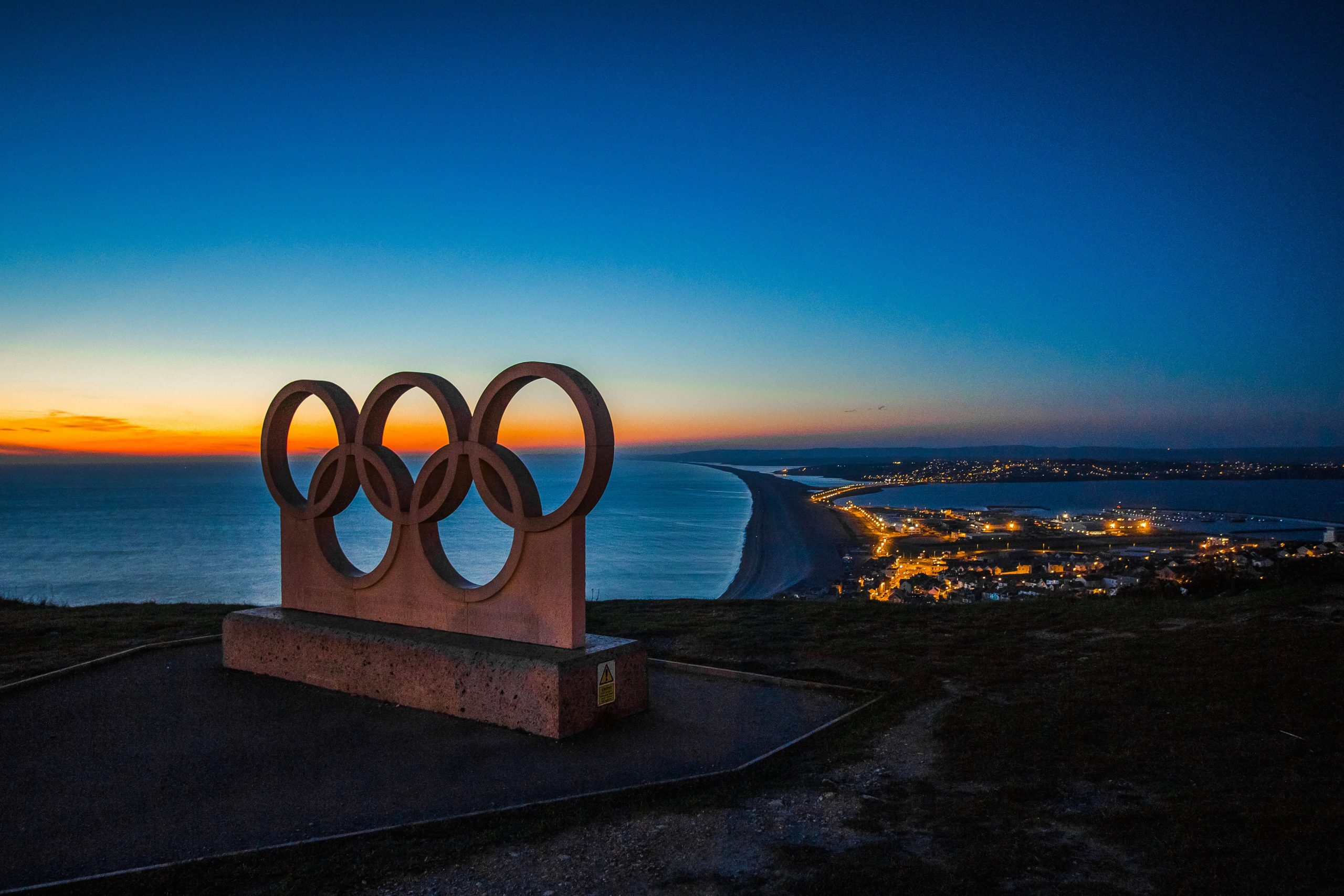 olympic rings at dusk