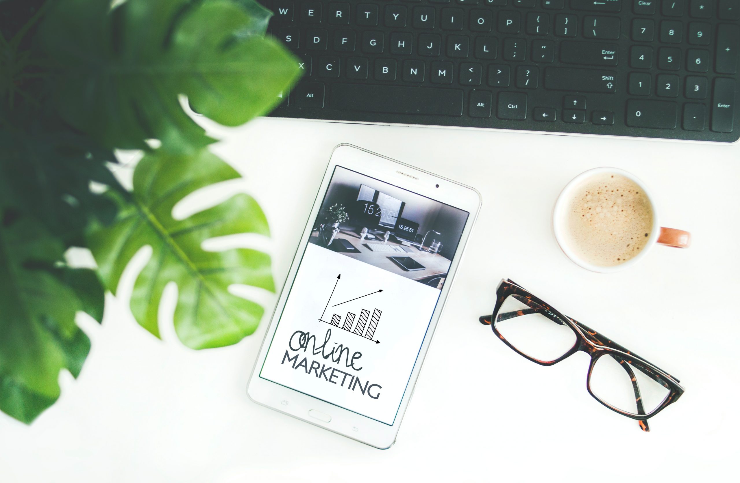 flatlay online marketing image with glasses phone and potted plant