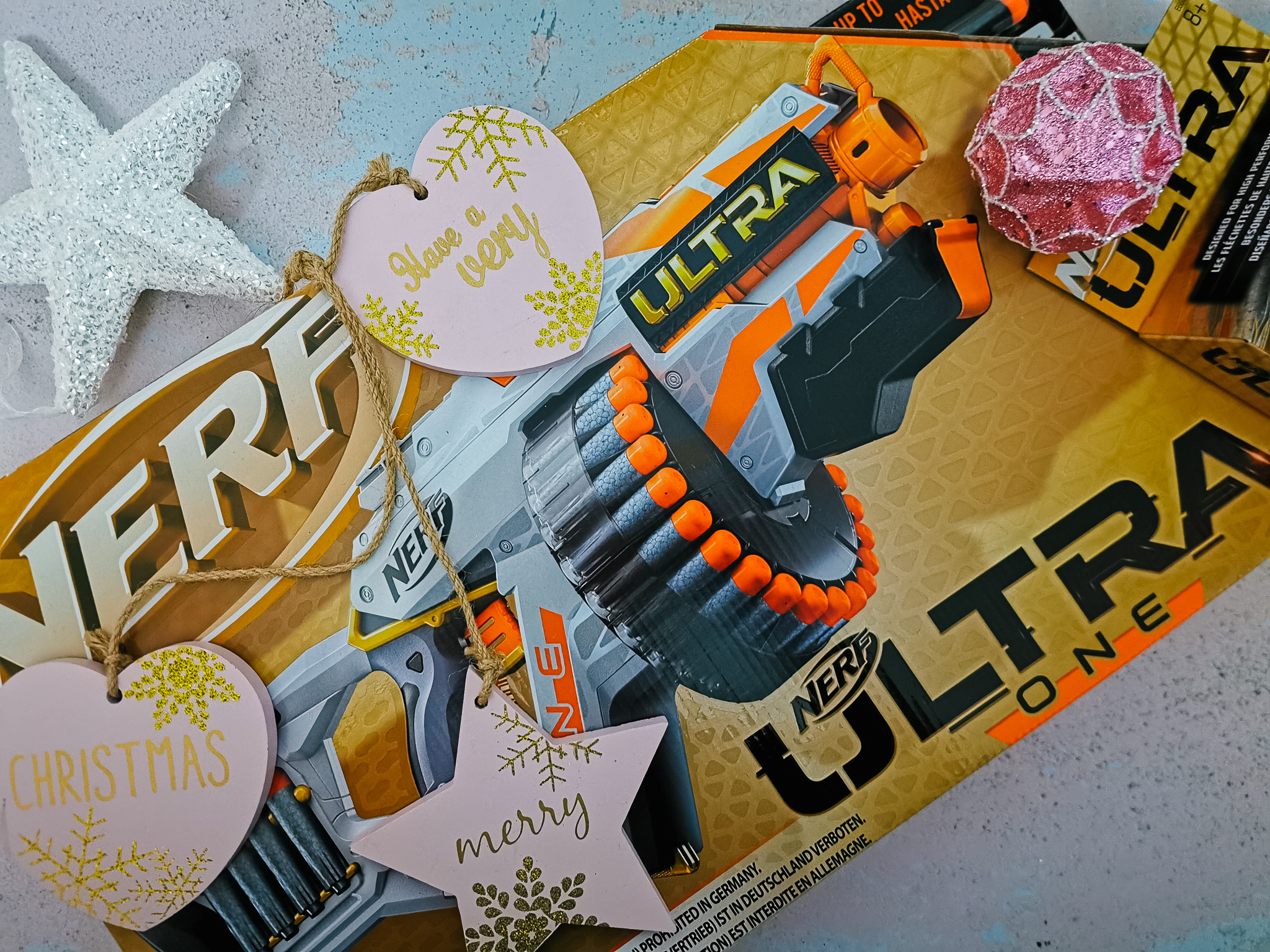 nerf ultra toy in a christmas flatlay