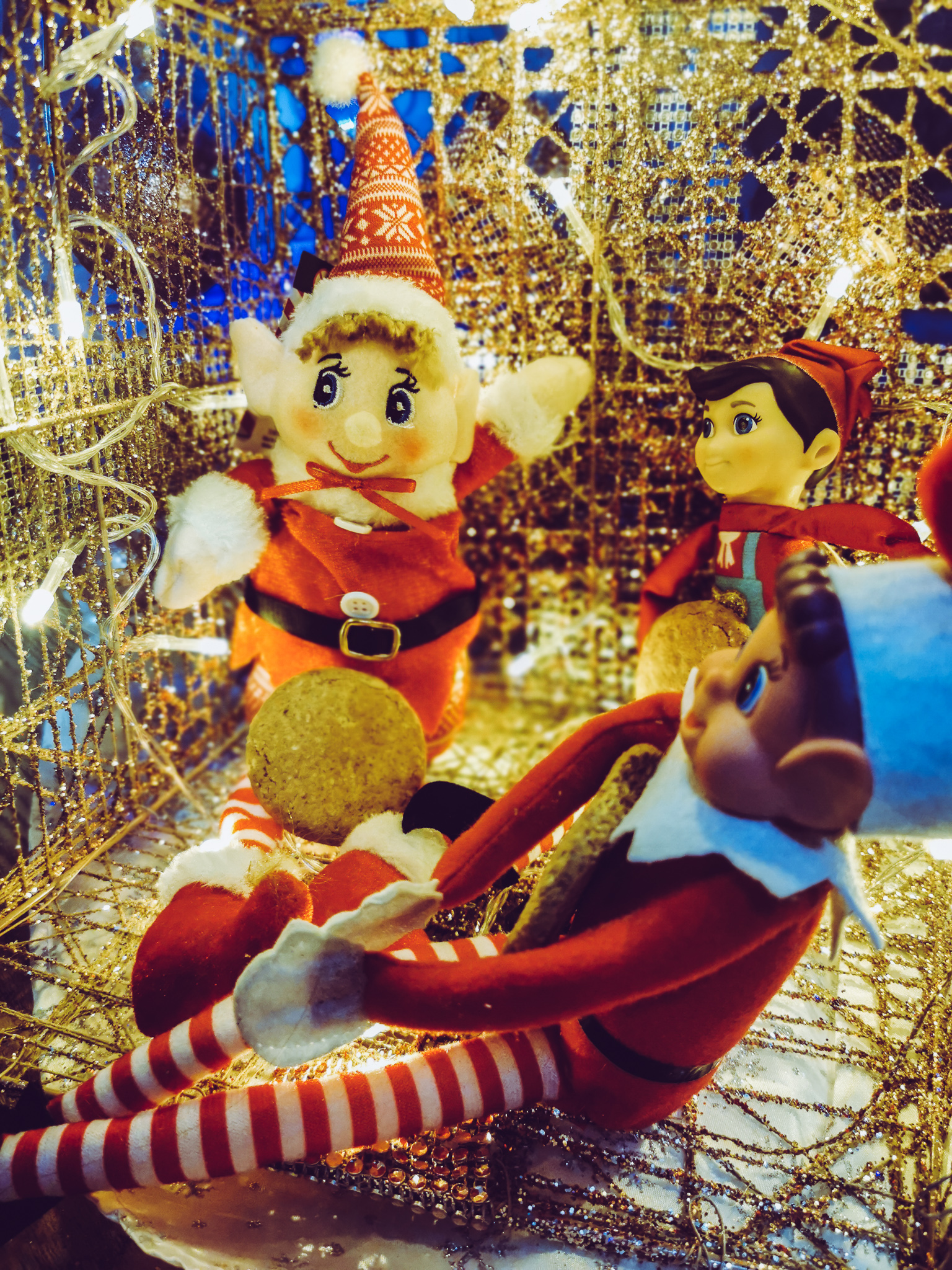 three elves sat in a glitter box with biscuits