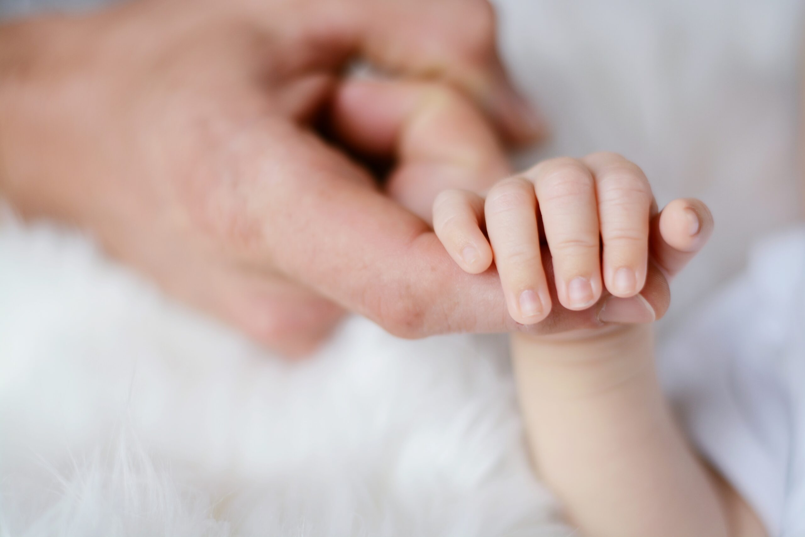 close up a of an andut hand with fingers intertwined with a babies on a white background