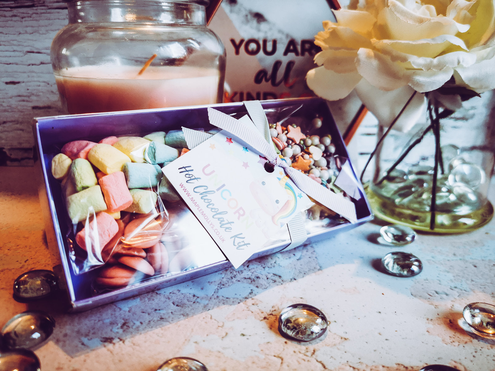 close up of a box of unicorn hot chocolate for a gift guide