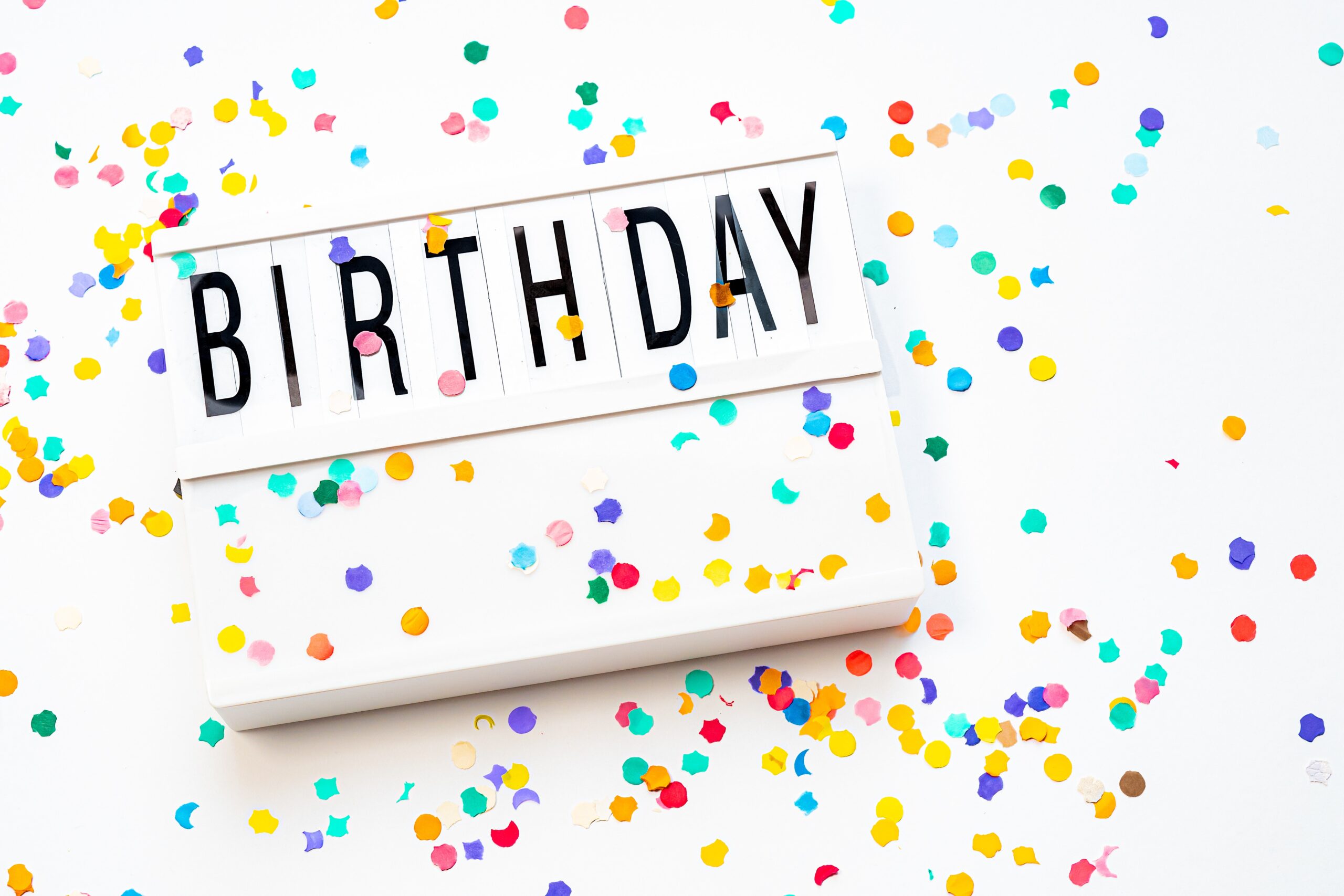 a lightbox with the word birthday on it surrounded by colourful dot confetti