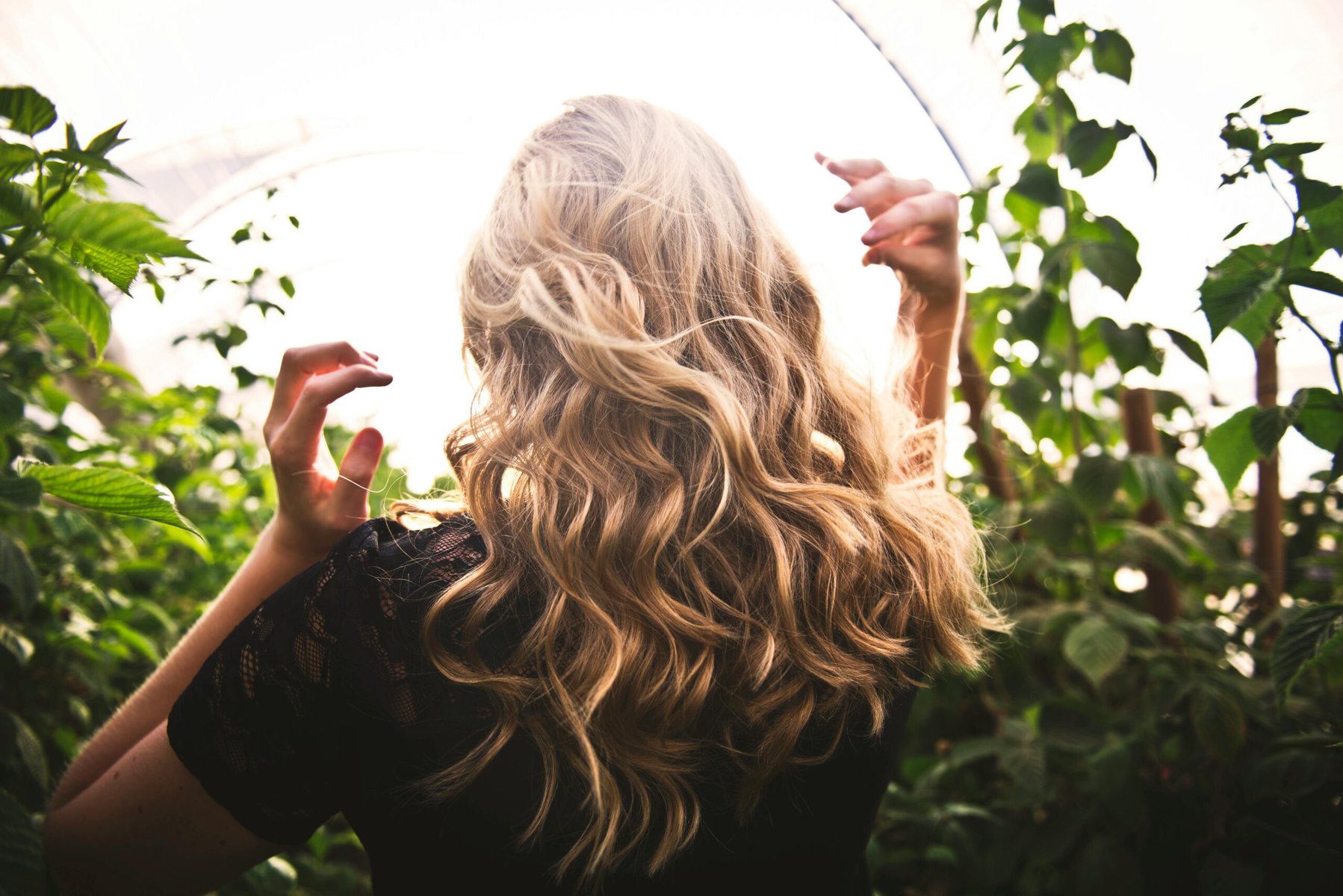 a woman with blonde wavy hair standign with her back to the camera in the midst of tall grass and plants