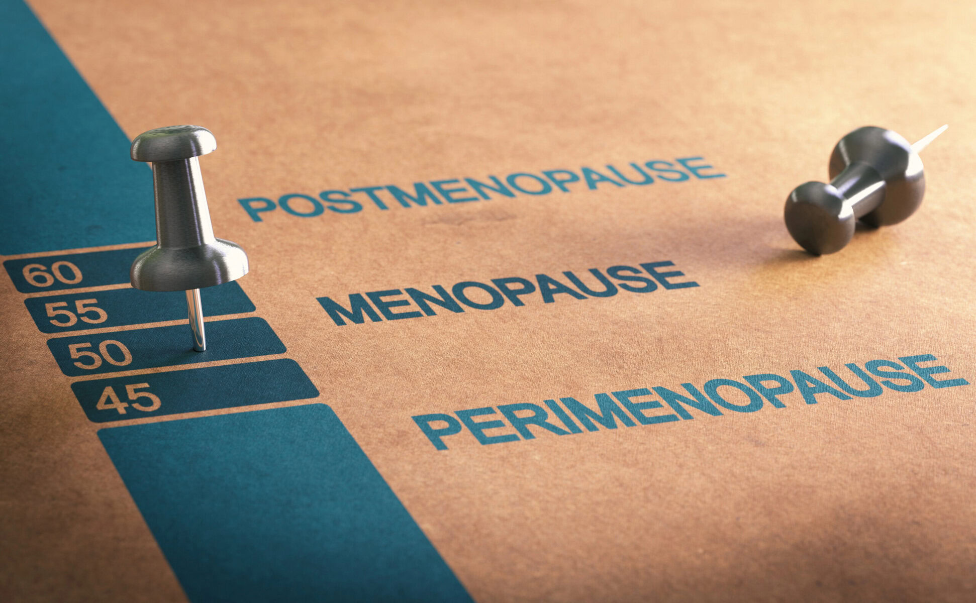 a brown pice of card with the words postmenopause, menopause and perimenopause on it in blue writing and a white pin next to menopause