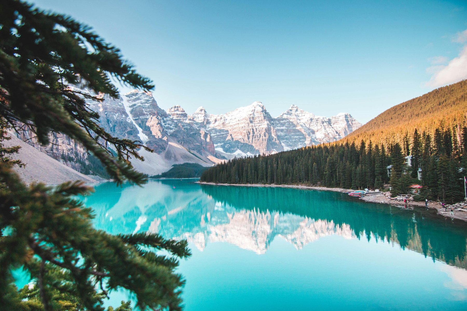 Panoramic view of Moraine Lake in the Valley of the Ten Peaks with turquoise water and rugged mountains